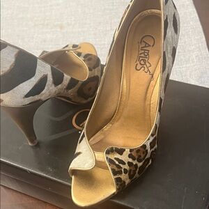 Carlos by Carlos Santana Animal Print Peep Toe Heels - Gold and Brown